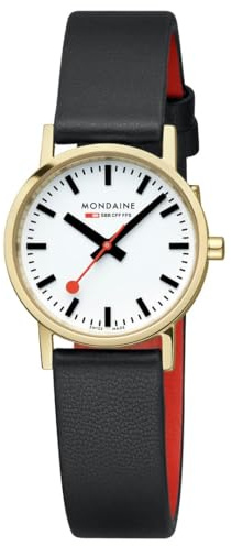 Mondaine Classic Collection Watch, 30mm White Dial, Polished Stainless-Steel with IP 1N14 Gold-Plating Case, Black Vegan Leather Strap, Swiss Quartz, Water Resistant, Sapphire Glass