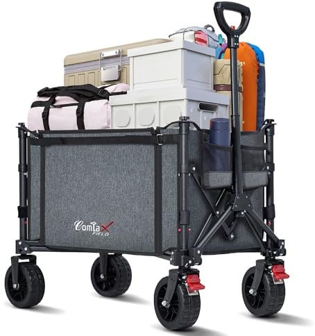 COMLAX FIELD Bollerwagen Faltbar mit Große All Terrain Räder, 120L 100KG Klappbarer Bollerwagen mit Bremsen, Strandwagen Für Strand Garten Camping Shopping, Grau