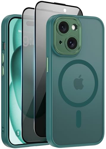 Aekyiwot Hülle für iPhone 15 Magnetische Handyhülle Kompatibel mit iPhone 15 MagSafe mit Kameraschutz, 1 Hülle mit 2 Schutzfolie Sichtschutz Privacy Schutz, Stoßfest Kratzfest Schutzhülle, Grün
