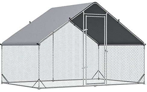 PawHut Hühnerstall Freilaufgehege aus Stahl, 300 x 200 x 200 cm Hühnerkäfig mit Abdeckung, Tür, Hühnergehege für 4-6 Hühner, Kleintiere, Silber