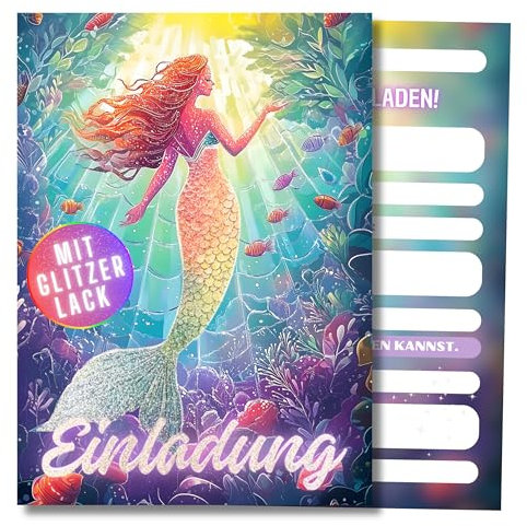 HIDEBLOOM GLITZER Meerjungfrau Einladungskarten Kindergeburtstag Mädchen I 12 Stück I DIN A6 (10,5 cm x 14,8 cm) I Einladung Geburtstag I Kinderparty I Geburtstag-Einladungen Meerjungfrau