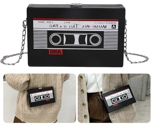 LEKEFETO Kassette Handtasche Retro Umhängetasche Damen Schräge Schultertasche Radio Handtasche 19 x 12 x 5 cm, Tasche Kassetten Schultertasche für 80er 90er Jahre Disco Party Dekoration