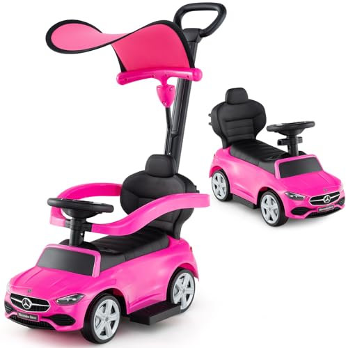 GOPLUS 3 en 1 Porteur Bebe Mercedes-Benz pour Tout-Petits, Voiture à Pousser avecAuvent Réglable, Rangement, Voiture Jouet Pied au Sol avec Sons Réalistes, pour Enfant 1,5-3 Ans (Rose)