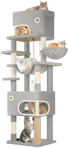 Hzuaneri Arbre à Chat, Abri à Chat Multi-Niveaux de 203 cm avec Grande Plateforme, 2 Niches, 7 Griffoirs, Pompons, Paniers, Hamac, Convient aux Chats de Toutes Tailles, Gris Clair MS20318LG