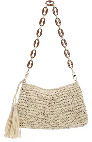 EVEOUT Damen Raffia Schultertasche Sommer Boho Chic Strohtasche mit Acryl Schulterkette für Strand Urlaub Gewebte Tote Tasche