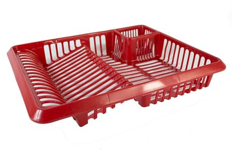Optimal Products Large Plastic Dish Drainer Kitchen Rack Tidy Plate Cutlery Holder Sink Organiser UK (Red)