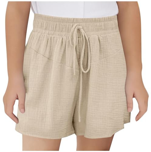 Musselin Shorts Mädchen Sommer Kurze Hose Casual Einfarbig Sporthose Leinen Sommerhose Kinder Hosen Leichte Jogginghose Sport Leinenhose mit Tunnelzug High Waist Freizeithose 3-14 Jahre, 150, Khaki