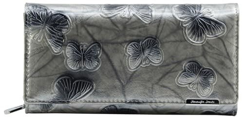 Jennifer Jones - Grand Portefeuille Femme en Cuir Laqué Tendance Conception de Papillon, Protection RFID, Argenté