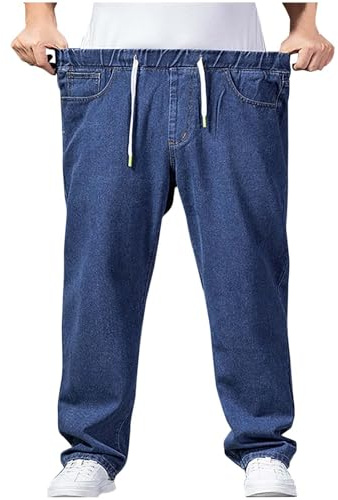 tacniseyw Mens Basic Jeans Wide Leg Work Casual Jeans UK Men Drawstring Elastic Waist Denim Pants Stretch Straight Leg Regular Fit Classic Denim Trousers Boys Plain Jean Trouser Elasticated Waist