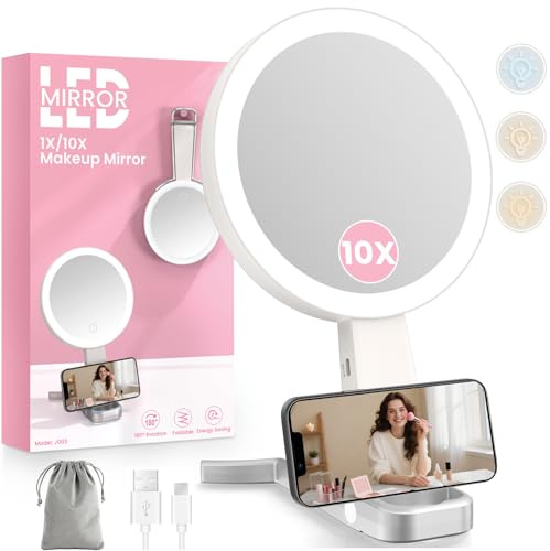 FZIFZI Magnifying Mirror with Light, 10X/1X Double-sided Lighted Make Up Mirror with Lighting & 3 Color Modes, Foldable Rechargeable Cosmetic Travel Mirrors 3 in 1 Tabletop Handheld Hanging