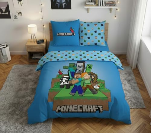Minecraft Ready to Survive Doppelbettwäsche 240x220 + 2 Kissenbezüge 63x63 | Wendebettwäsche wendbar | Strapazierfähig für Vielspieler | Schnelltrocknend bügelfrei | Oeko-Tex | Gamer-Zimmer