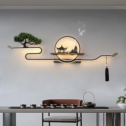 FIEUOGA 3D Wandskulptur mit LED Beleuchtung Metall Wanddekoration Wandbild zum Aufhängen mit Netzanschluss Chinesisches Kreatives Landschaftsmotiv(A,L120cm/47in)