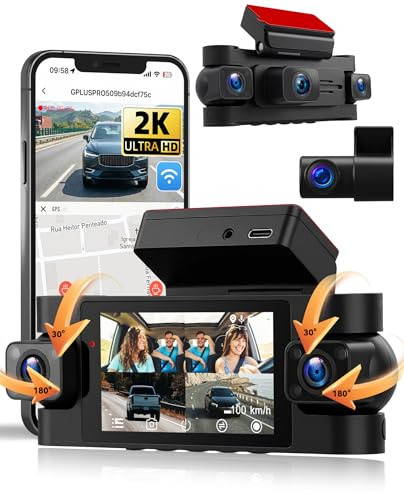 SIXWIN 360° Dashcam, 4 Canales para Auto con 2K + 3 x 1080P, Pantalla de 3 Dashcam con con WLAN y App, GPS, Sensor G, Estacionamiento 24/7, Grabación en Bucle, Visión Nocturna,Universal
