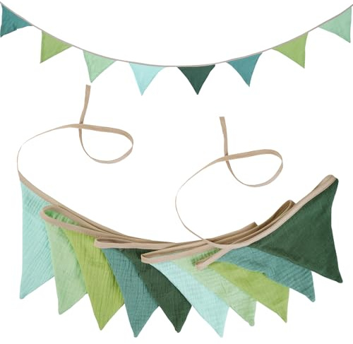 Wimpelkette Kinderzimmer 2.6m, Wimpel Girlande Stoff aus Musselin Baumwolle Bunte Wimpelkette Pastell für Babyzimmer Deko Hausbett Kindergeburtstag Deko Wanddeko Mädchen und Junge (Grün)