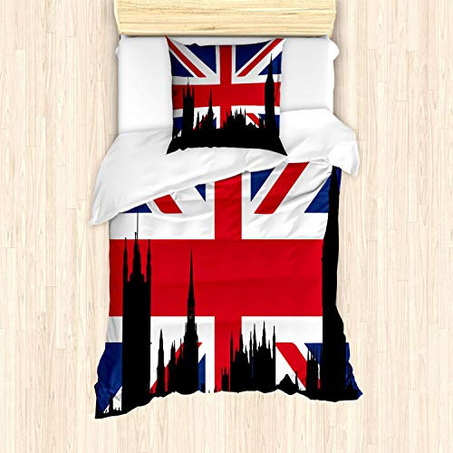 ABAKUHAUS Union Jack Bettbezug Set für Einzelbetten, Historische Stadt UK, Milbensicher Allergiker geeignet mit Kissenbezug, Royal Blue Schwarz Rot