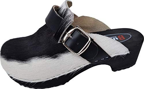 BUXA bei Lusy011 Schweden Holz Clogs - Pantolette Gr.34 Schwarz-Weiss Echt Leder- Kuhfell (1453)