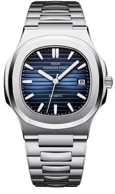 TOC STORE Sportlich Elegante Herren Automatik Uhr Didun Design Modell Nautiker, massives Armband, Miyota 8215 Uhrwerk, Silber/blau