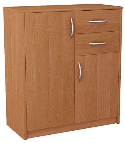 MATKAM Schlafzimmer Kommode mit Schubladen und Türen - Sideboard Wohnzimmer H:85xB:74xT:35 cm - Komode mit 2 Schubladen und 2 Türen - Komodenschrank für Schlafzimmer - Erle