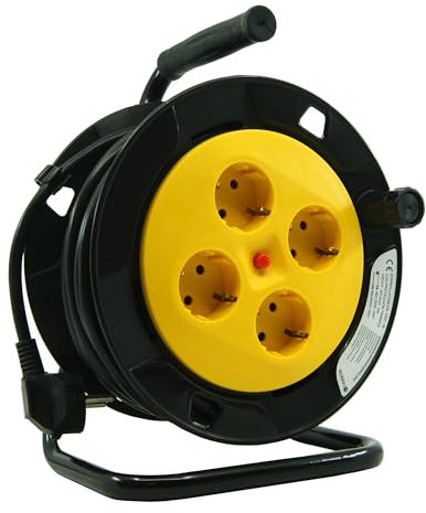 KOBAN KEC-15 Bobina Avvolgicavo con Cavo da 15 Metri e 4 Prese con Protezione da Sovraccarico. Prolunga Elettrica con 4 Prese Schuko e Maniglia con Protezione IP20 Adatta per Esterni.