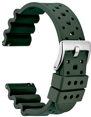 WOCCI 22mm Ventilé Bracelet de Montre pour Hommes, FKM Caoutchouc (Non Silicone), Boucle Argentée (Armée Verte)