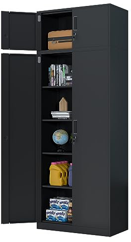 iJINGUR Metal Storage Cupboard with Locking Doors and 4 Adjustable Shelves, Extra Tall Lockable Steel Storage Cabinets for Home Office Garage Kitchen Pantry (Black)