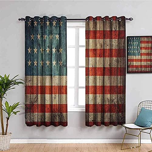 XAONUO 3D Verdunkelungsvorhänge Weinlese Holzbrett Usa Flagge Gedruckt Vorhänge Polyester Eyelet Vorhang Thermische Schalldämmung Vorhänge Für Kinder Schlafzimmer Wohnzimmer 182X214Cm