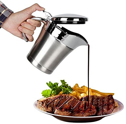 ZONADAH Gravy Boat with Lid 750ml Gravy Boat Stainless Steel Gravy Jug Double Wall Insulated Dining Table Sauce Jug Gravy Pot Serving Jug Bucket for Cream Milk Gravy Custard
