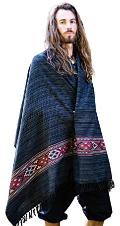 JHANA Meditation Gebet Schal Decke gemütlich grau und schwarz Kaschmir Yak Wolle tibetische Lahsa Winter Tribal keltische Stickerei Boho Zen AJJAYA, Schwarz , One size