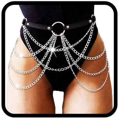 Flovel Gothic Gürtel mit Ketten Rave Gothic Leder Körperkette Silber Punk Leder Taillenkette Festival Körperketten Schwarz für frauen