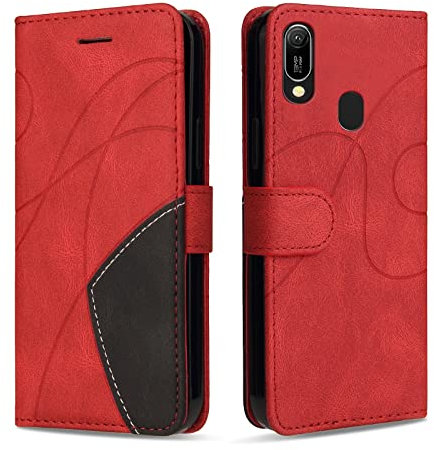 KKEIKO Coque pour Huawei Y6 2019 / Honor 8A, Antichoc Étui à Rabat avec Porte Cartes, Magnetique Portefeuille Coque en PU Cuir pour Huawei Y6 2019 / Honor 8A, Rouge
