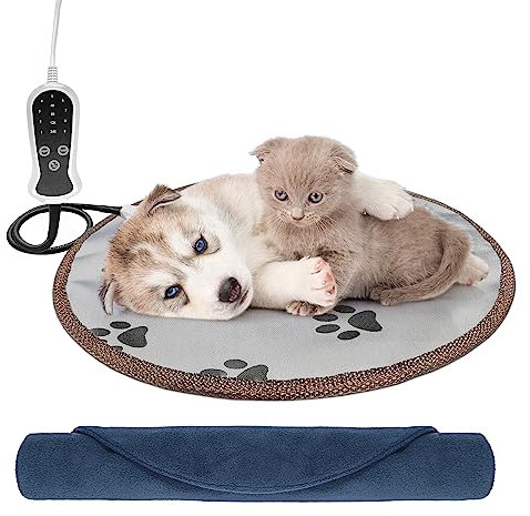 GOLOPET Cat Heating Pad Round 16in,Waterproof Outer Skin and Smart Thermostat Switch, Adjustable Heated Cat Bed, Adding Wire Rope Wires Small Dog Warming Pad Paw Print