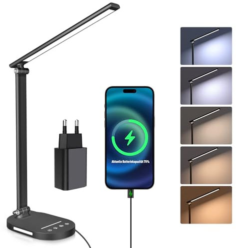 HASKARE Desk Lamp, Led Table Lamps, 5 Color Modes and 5 Brightness Levels, Anti-Glare Eye Protection Desk Light, USB Charging Port, Dimmable Desk Lamps Office, with 5V/2A Power Adapter
