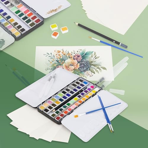 ECD Germany Aquarellfarben Set 48 Farben in tragbarer Box, inkl. 3 Pinsel, 1 Bleistift 2B, 2 Aquarellstift, 4 Aquarellpapier, Vollaquarell-Palette, Malkasten, Wasserfarben Set für Anfänger und Profis