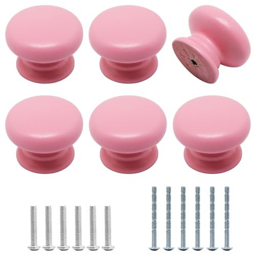 YuGtcen Schrankknäufe aus Holz, 6 Stück, rosa Schubladenknäufe, Kommodenknauf, Küchenschrankgriff, moderner runder Knauf für Möbel, Schrank, Kommode, Schublade, Schranktür (6, Rosa)