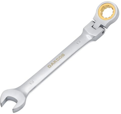 DAKCOS Llave fija con carraca 13mm Llave de trinquete articulada Llave combinada con cabeza flexible de 180 Grados, Cr-V