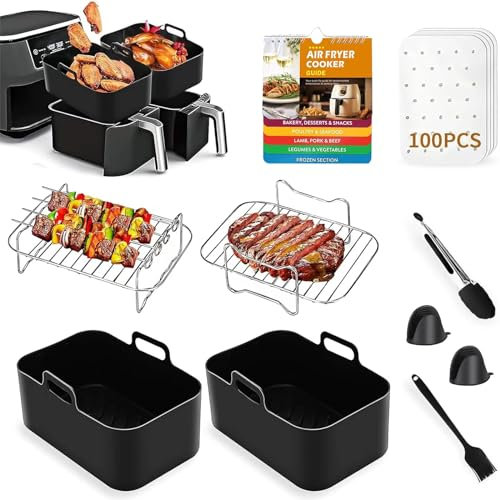 Dual Air Fryer Accessories Set of 10 for Ninja Dual AF300UK AF400UK Tower T17100 Including Silicone Air Fryer Liners, Cookbook, Racks etc, Compatible with Oven, Microwave, Other 7.6L-9.5L Air Fryer