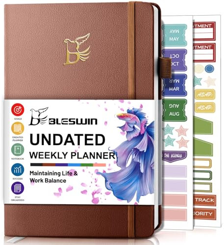 BLESWIN Agenda Settimanale Non Datata, A5 Agenda di Produttività Non Datata, Diario Degli Obiettivi Agenda Mensile, Agenda Giornaliera Professionale per la Gestione della Vita Lavorativa, Marrone