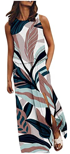 Vestito Sposa Donna - Abito Estivo da Donna Senza Maniche Girocollo Maxi Abiti Tinta Unita con Apertura A Forchetta Abito Elegante Corto