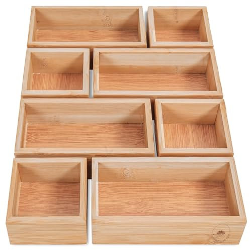 DeinKaufladen.com 8er Set Aufbewahrungsbox Holz Organizer – praktische und flexible Bambus Box - Schubladen Box Sortierbox Sortierkasten Kosmetik Aufbewahrung Ordnungsbox Holzboxen Holzkasten
