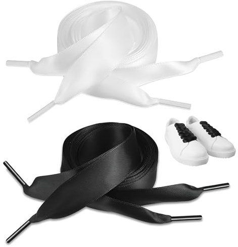 DYMHQ 2 pares de cordones de satén para zapatos, cordones de seda suave color negro y blanco, cordones de cinta de moda para mujer, cordones planos de satén, cordones anchos de seda planos adecuados