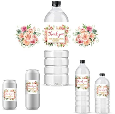 PH PandaHall 30pcs Flower Water Bottle Labels Thank You for Celebrating with Us Waterproof Stickers 2.5 x 8.5 Water Bottle Wrappers Wraparound Labels for Birthday Party Wedding Supplies Shower