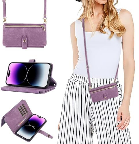 xinyunew Premium Leder Klapphülle für Huawei P20 lite Hülle mit Band, Leder Huawei P20 lite Handytasche Handyhülle Praktische Handykette Kartenfächer Umhängetasche Huawei P20 lite Case,Lila