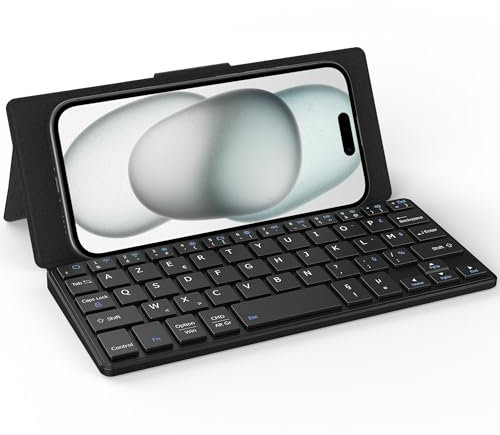 CACOE Teclado Bluetooth con Soporte, Mini Teclado para teléfono móvil, Ultrafino, portátil, Plegable, Doble Canal, AZERTY Teclado con Soporte para Smartphone y más iOS, Android, Windows, Negro