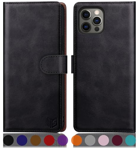 SUANPOT [RFID Schutz für iPhone 12 Pro Max 6,7-Zoll Hülle PU Leder Handyhülle Lederhülle Klapphülle Kartenfach Phone Case für iPhone 12 Pro Max Handy hülle Leather Wallet Flip Cover tiefschwarz