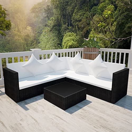 Home Items, Garten-Lounge-Set mit Kissen, Polyrattan, Schwarz, Anzugmöbel, 4-teilig