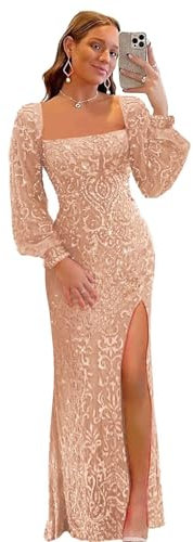 Robes de Bal à Paillettes à Manches Longues Robe de Demoiselle d’Honneur Longue Scintillante Sirène Soirée Formelle serrée avec Fente Rose Gold 3XL