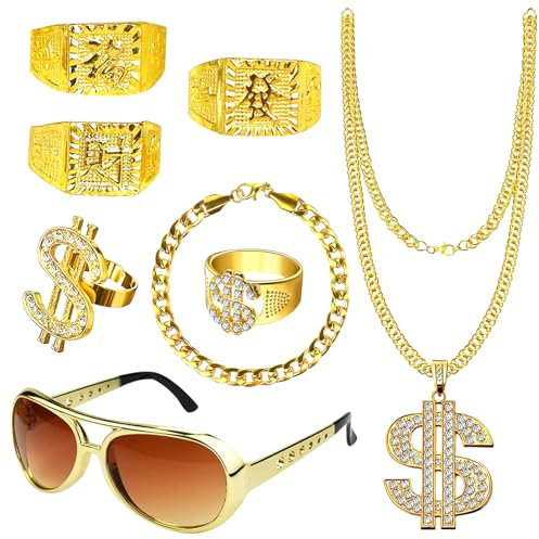 NebulaGlam 8 Stück Zuhälter Kostüm, 80er 90er Jahre Outfit Herren Hip Hop Kostüm Goldkette Herren Gangster Gang Sonnenbrille Goldene Dollar Kette Ring Hanzi-Ringe Für Karneval Fasching Mottoparty