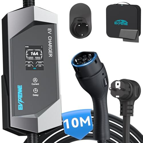 EVPEIWE EV Chargeur Type 2 Câble de Charge Schuko 3.68kW, Portable EVSE et Station de Charge avec Écran, Courant Commutable 6-16A pour Voitures Électriques IEC 62196-2 avec Sac, IP65 (Argent/10M)