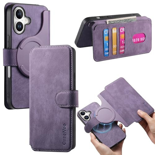 Fofvccv Detachable Magnetic Wallet Case for Apple iPhone 16, [3 Card Slots] Men Women Retro Leather Folio Flip with Kickstand Cover for iPhone 16, CXMG Purple