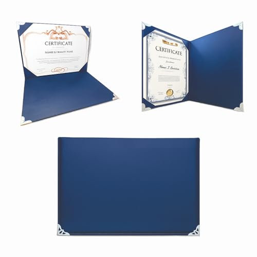 Porta diploma in finta pelle blu navy,A4, in pelle liscia con bordo protetto argento, copertine per certificati e cartelle per certificati per elegante esposizione di diploma
